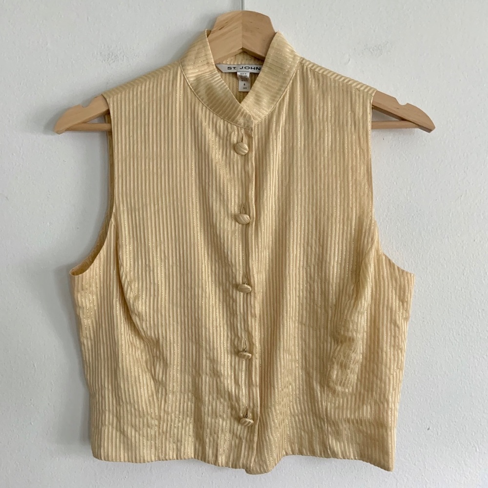 St. John Silk Gold Metallic Button Down Tank Top